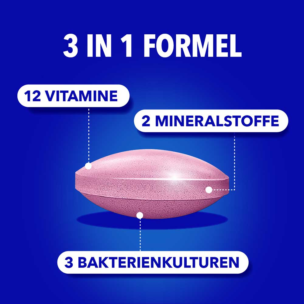 „3 in 1 Formel" mit einer rosa Kautablette und den Labels: 12 Vitamine, 2 Mineralstoffe, 3 Bakterienkulturen