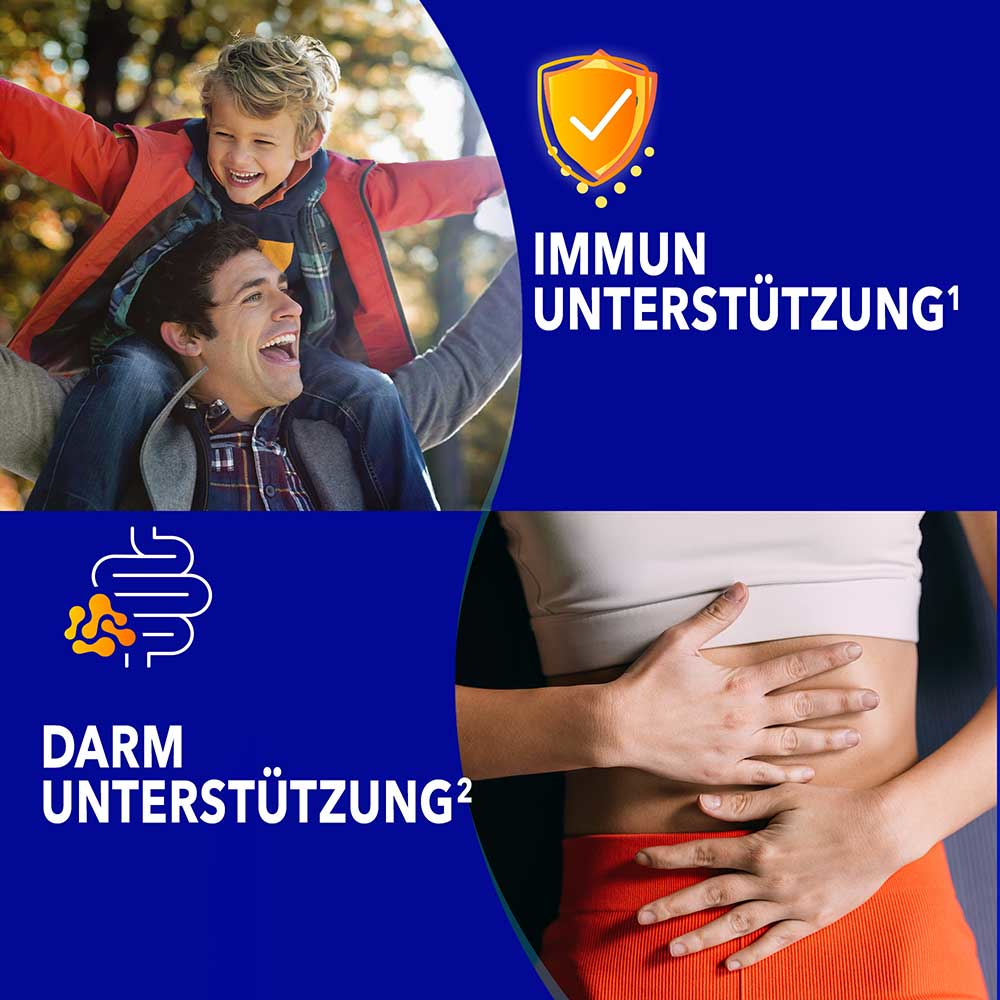 Kind mit Schutzschild-Icon für „Immununterstützung" und Darm-Icon für „Darmunterstützung"