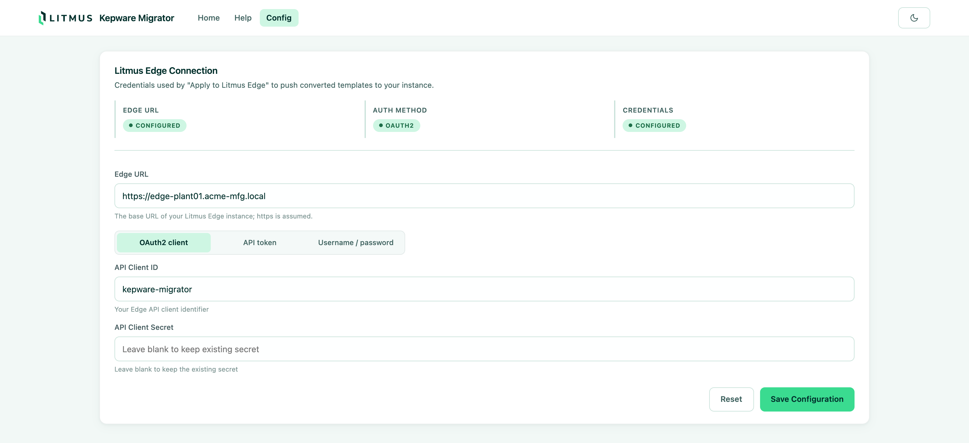 Config page with an OAuth2 connection configured Config page with an OAuth2 connection configured