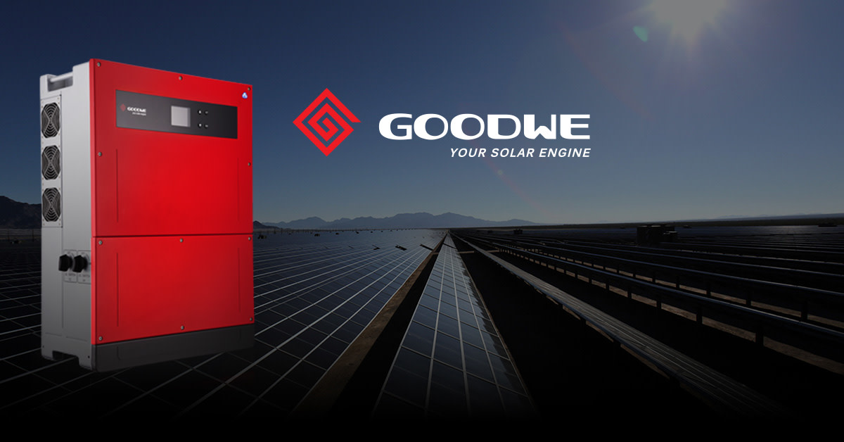 Image of GoodWe solar inverter unit superimposed on PV farm background