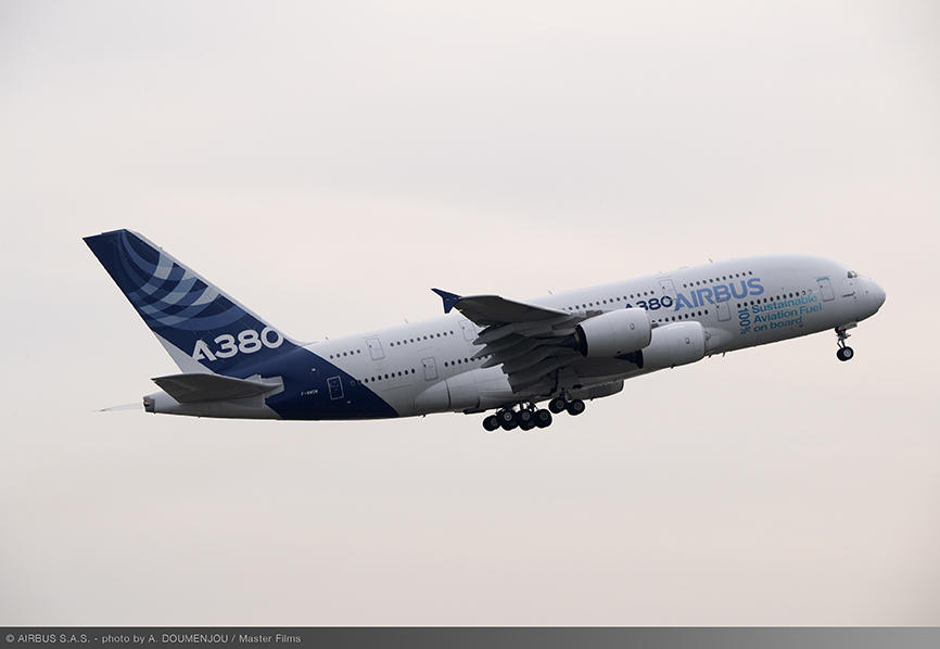 The first A380 fuelled entirely by sustainable aviation fuel gets to the air