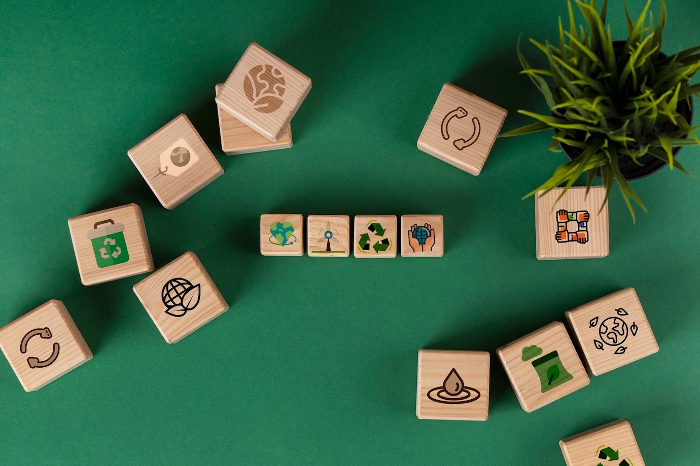 Image of SDGs wooden blocks on green background with plant