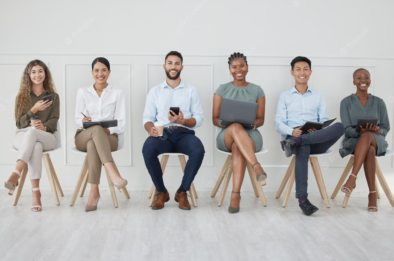 Image of diverse seated interview candidates - workplace inclusion DEI