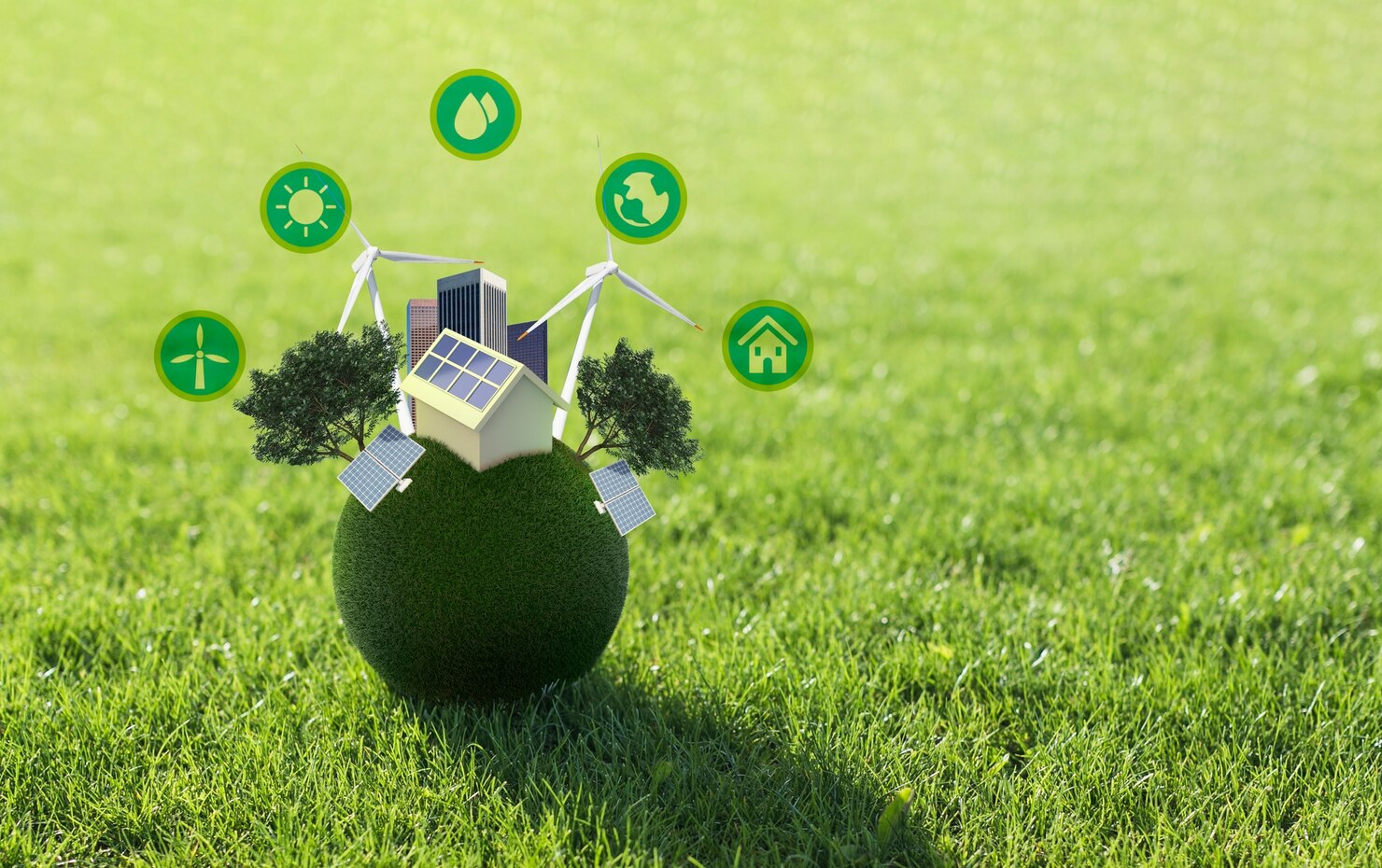Image of house model on grass with icons representing various ESG technologies