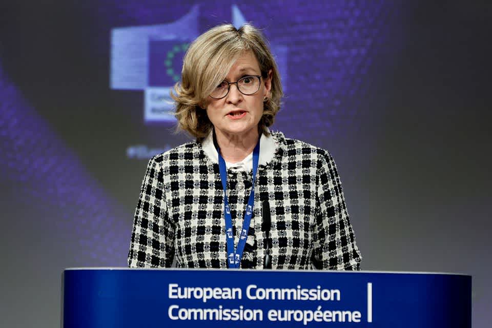 EU Commissioner Financial Services, Stability and the Capital Markets Union Mairead McGuinness speaks at a news conference in Brussels, Belgium January 19, 2021 at the European Union headquarters.
