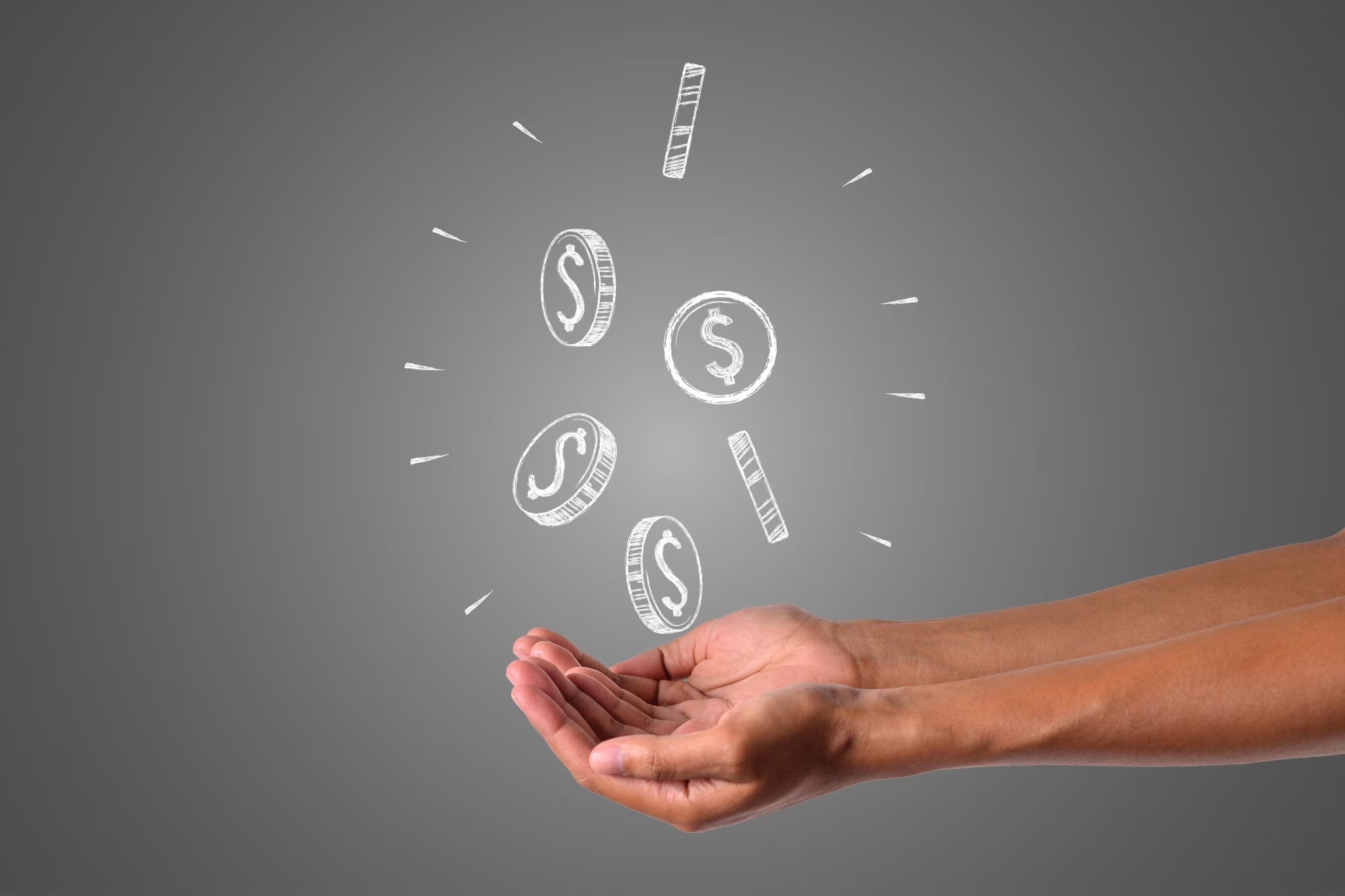 Image of white chalk dollar coins falling down into outstretched cupped hands