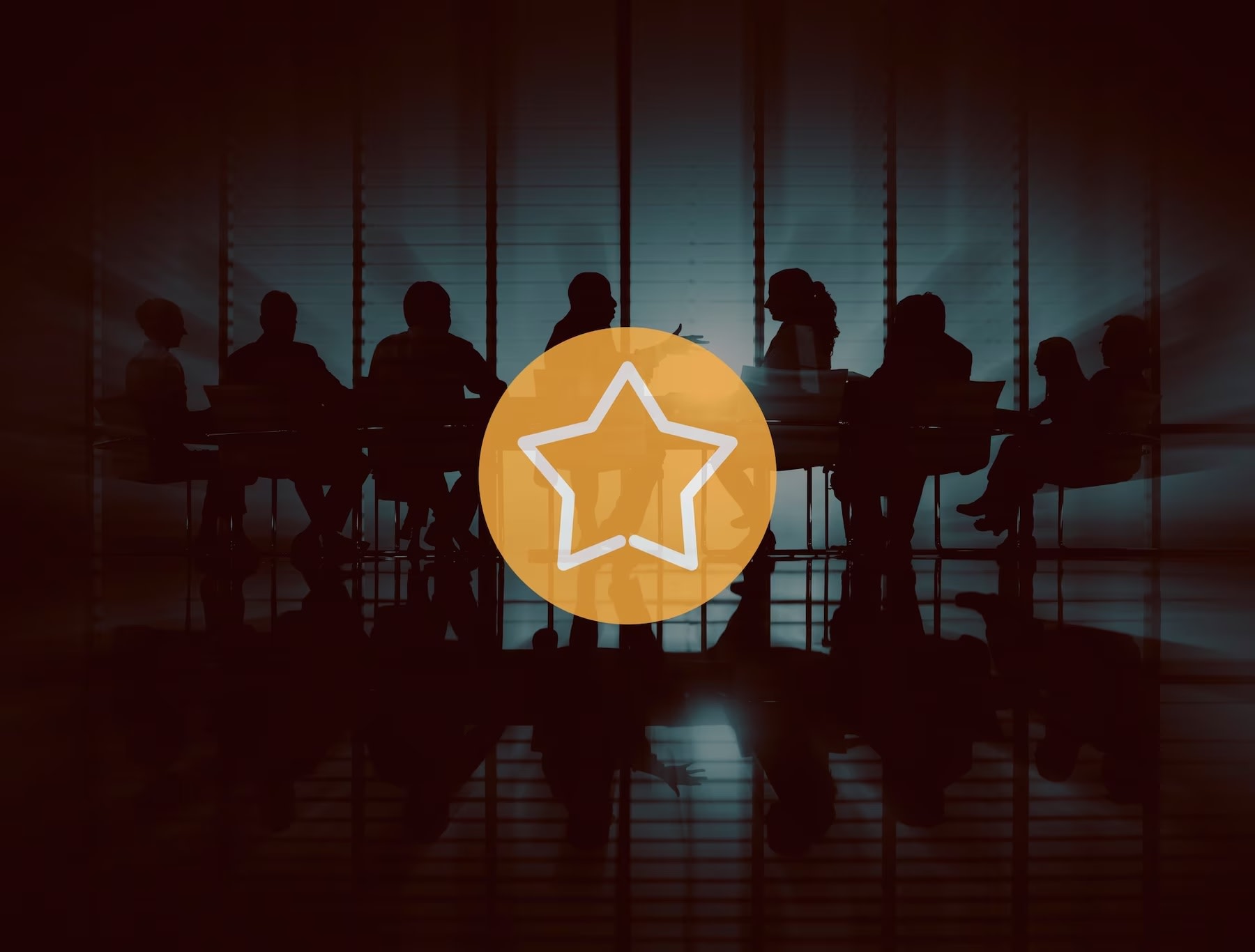 Image of dark boardroom silhouette with orange and white star graphic 