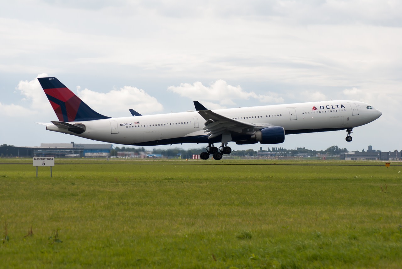 Image of Delta Airlines aircraft landing with green field