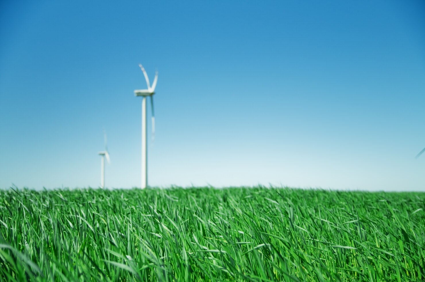 Image of wind turbines spinning in field with blue sky
