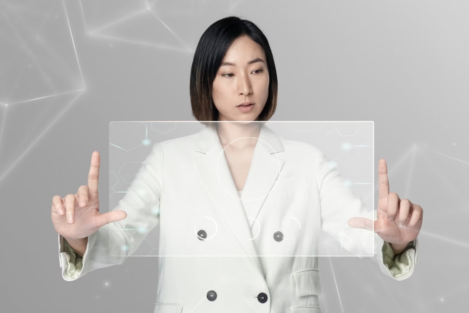 Image of Asian woman holding transparent digital data screen