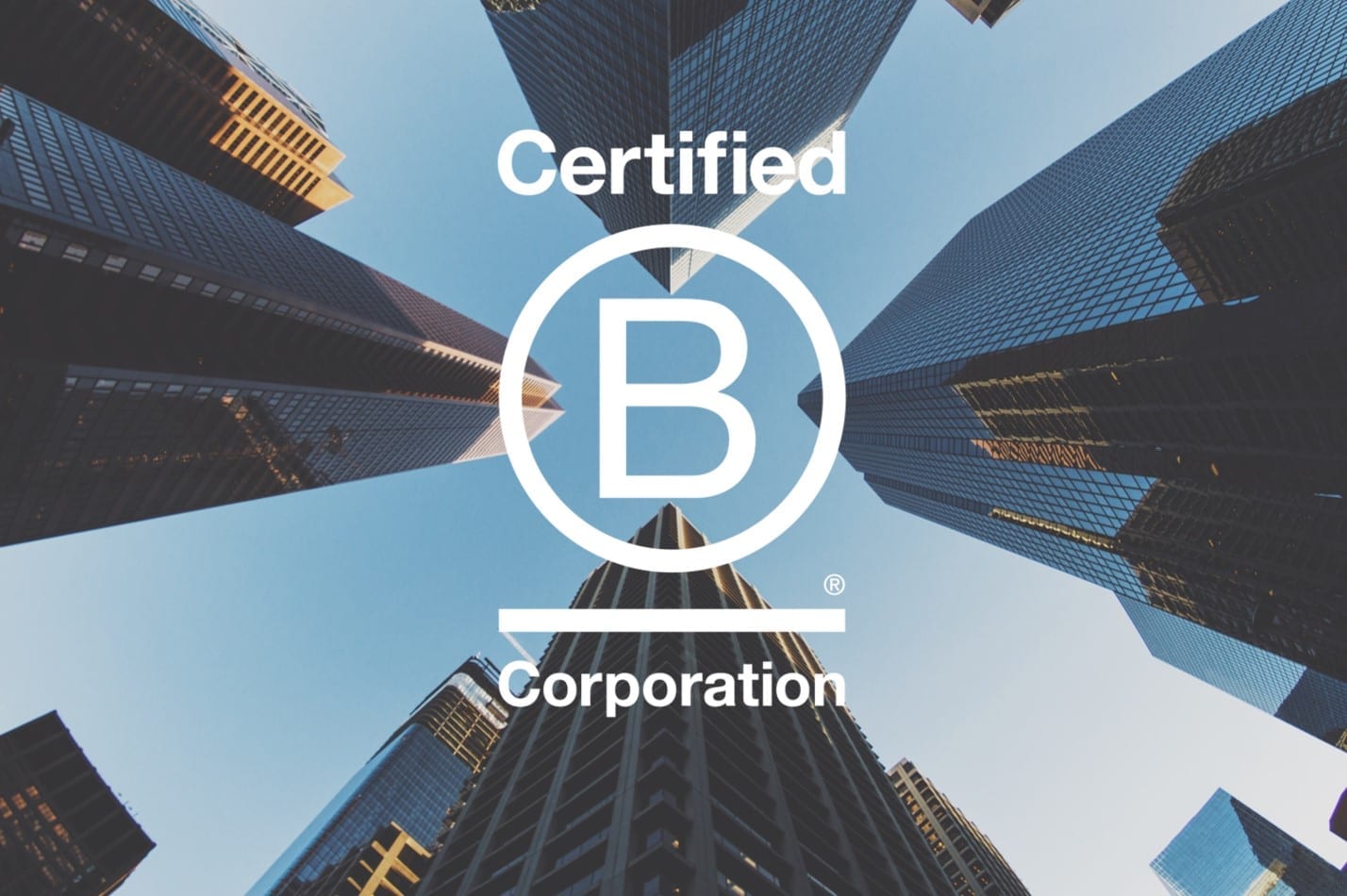 Image of B-Corp logo superimposed on skyscraper background