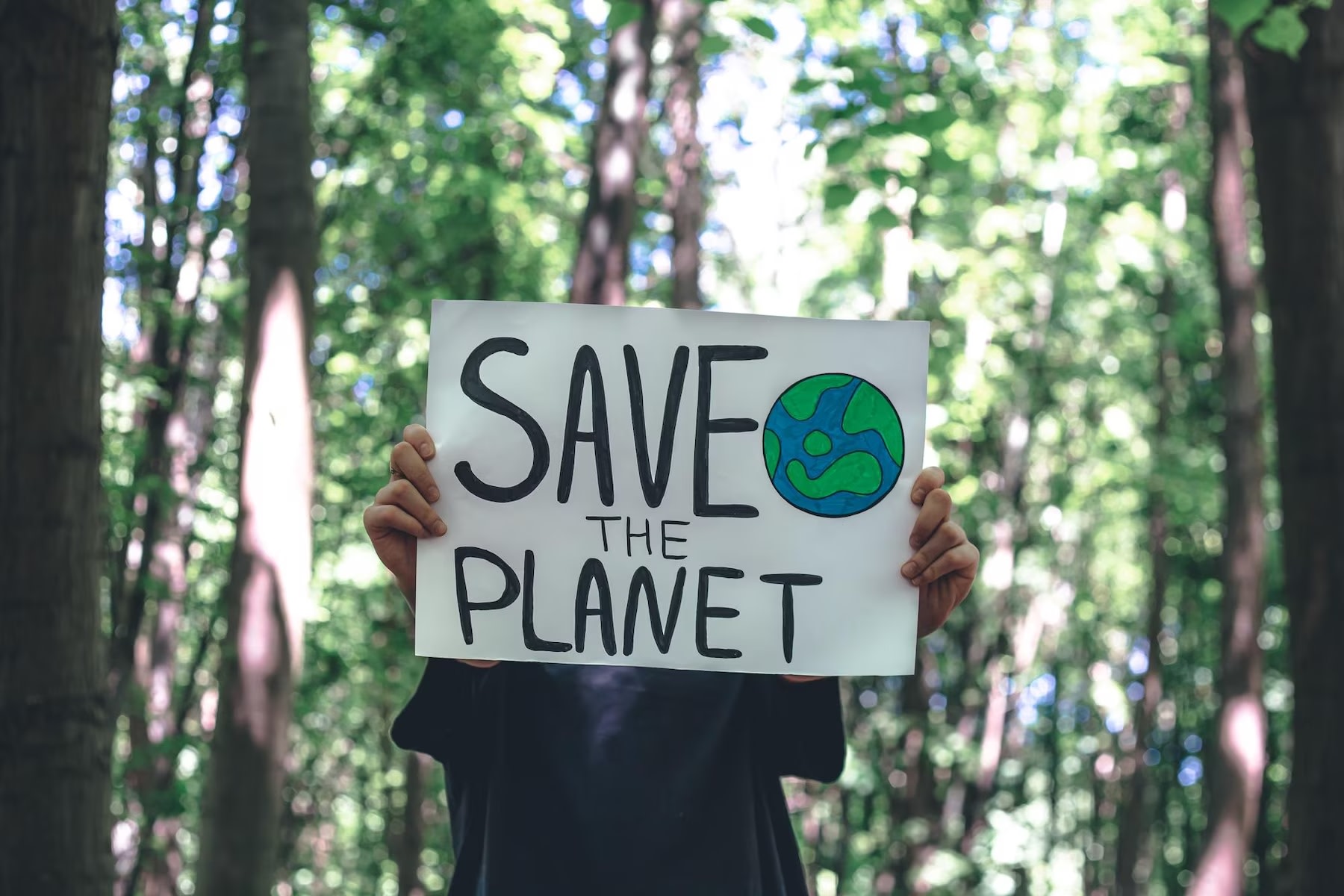 Image of poster "save the planet" female hands in forest