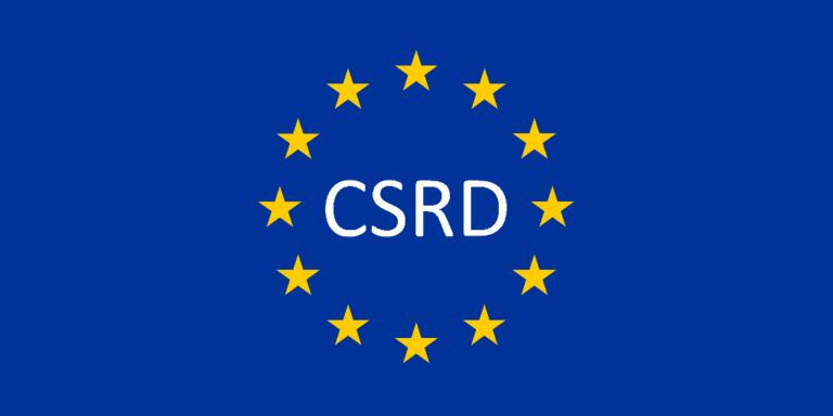 Graphic of CSRD acronym surrounded by EU flag gold stars