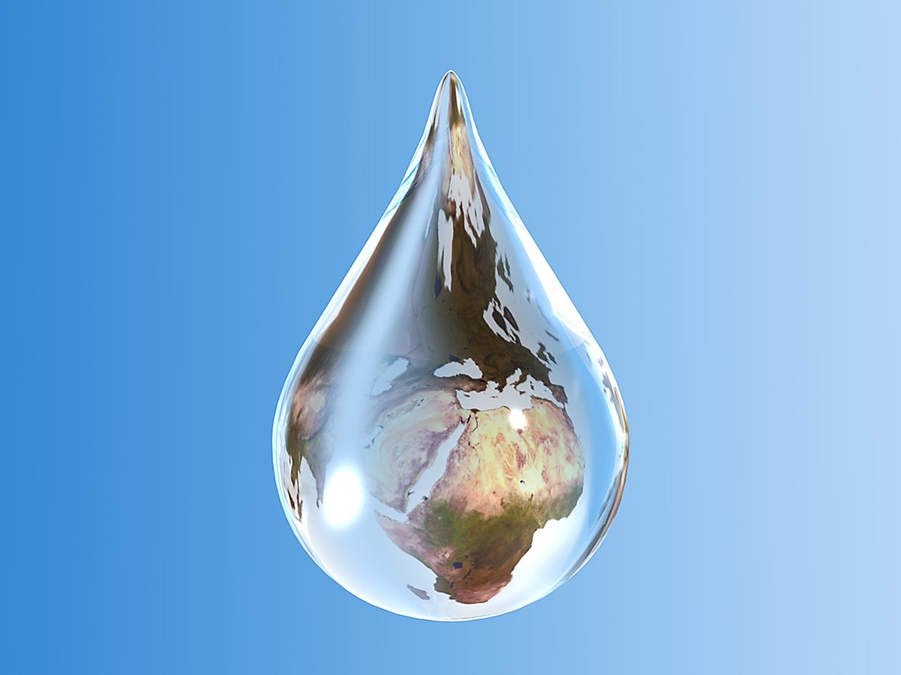 Image of continents within droplet of water on blue background