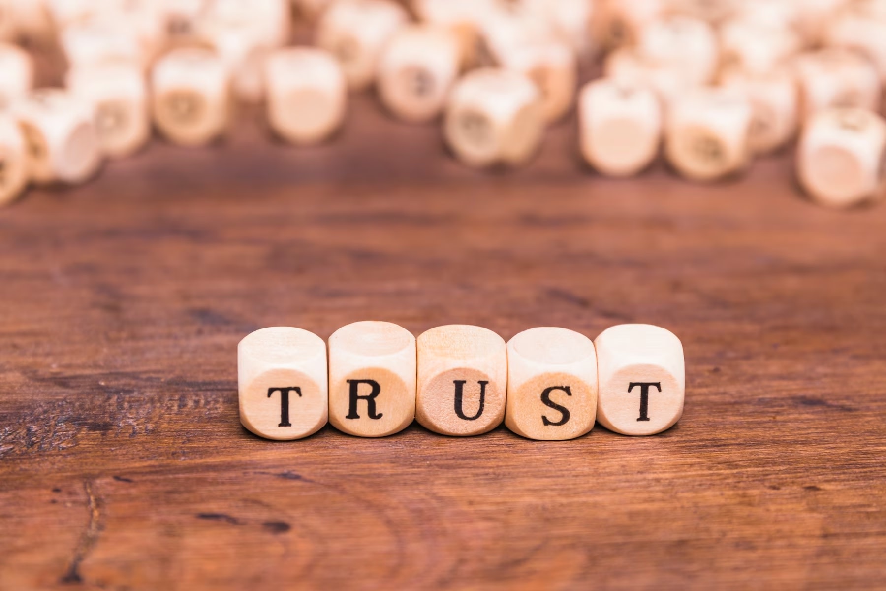 Image of the word trust made with wooden blocks