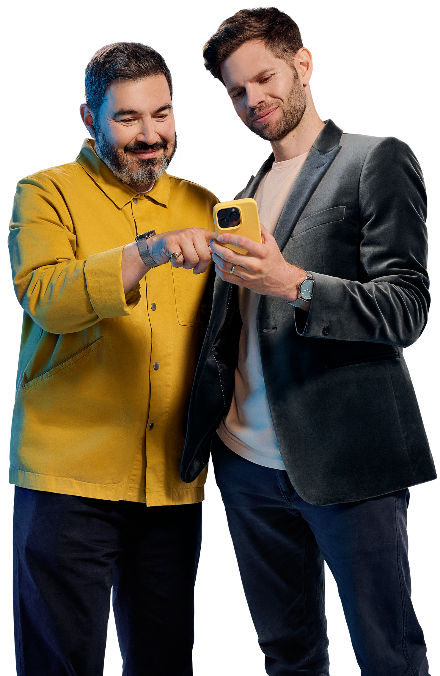 Two guys looking at yellow phone - Desktop
