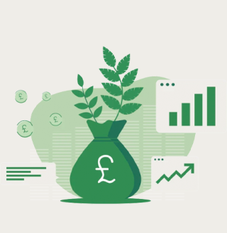 Illustration with plants, and money, representing Green Finance options for UK businesses 