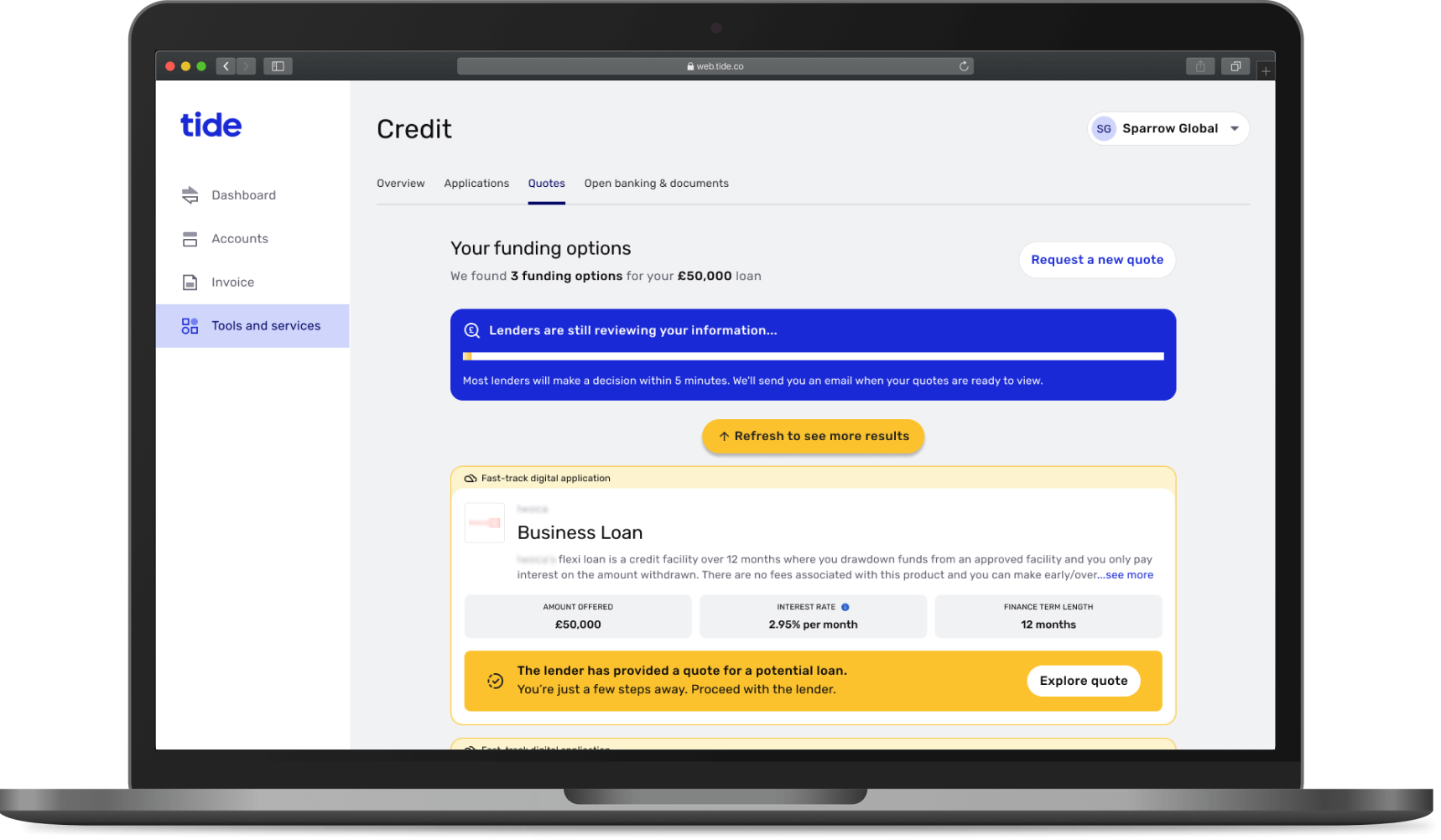 Funding Options by Tide - Computer with matched finance options image
