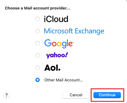 Other Mail Account, and then Continue