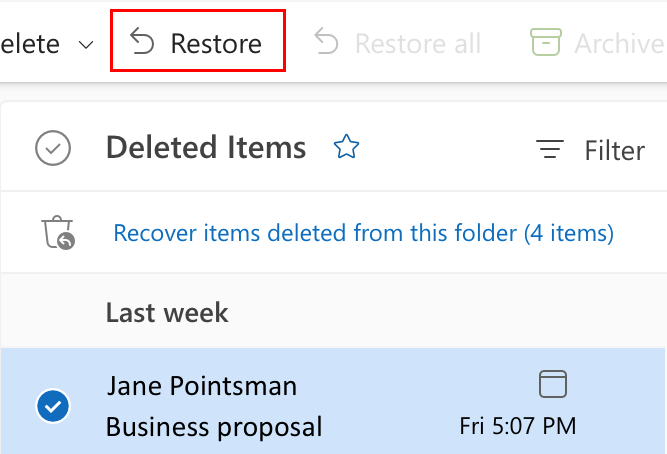 An example message selected with the Restore button highlighted.