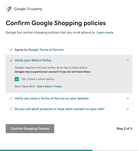 Captura de pantalla que muestra las políticas de compras de Google para reforzar lo que necesitas en tu sitio para conectarte a Google.