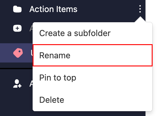 The More actions menu opened with the Rename button highlighted.