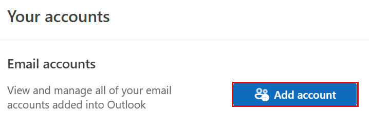The Your accounts section with the Add account button highlighted.