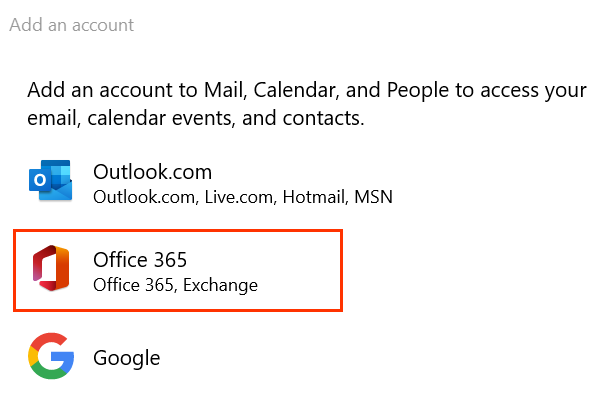 Outlook.com, Office 365 및 Google 아이콘