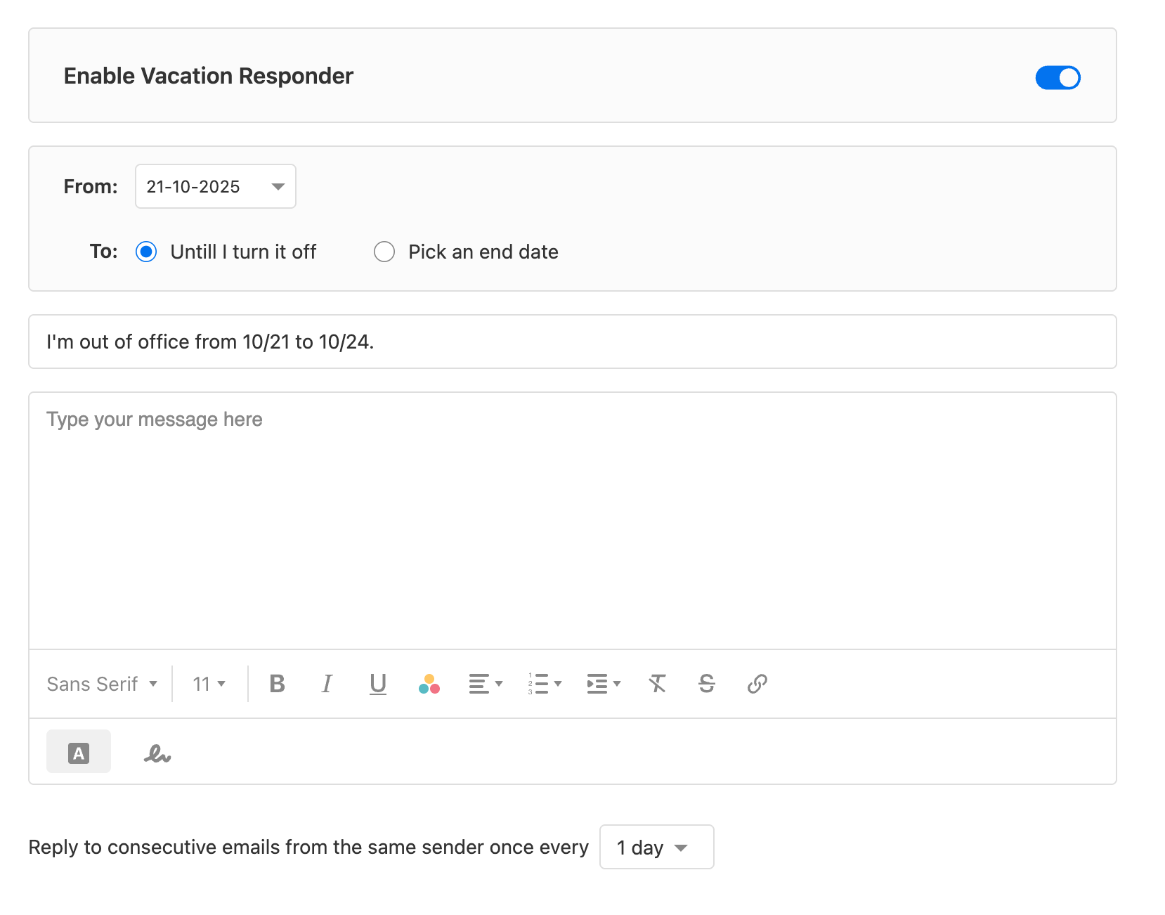 The Vacation Responder form fields in webmail.