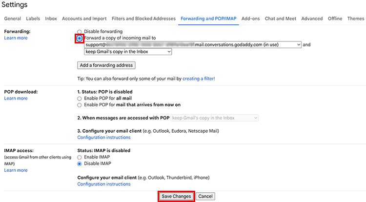 Save forwarding settings in Gmail