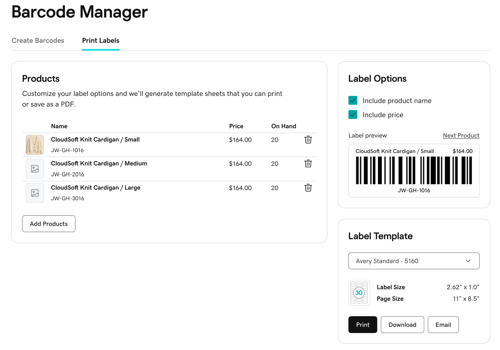 Barcode manager printing options