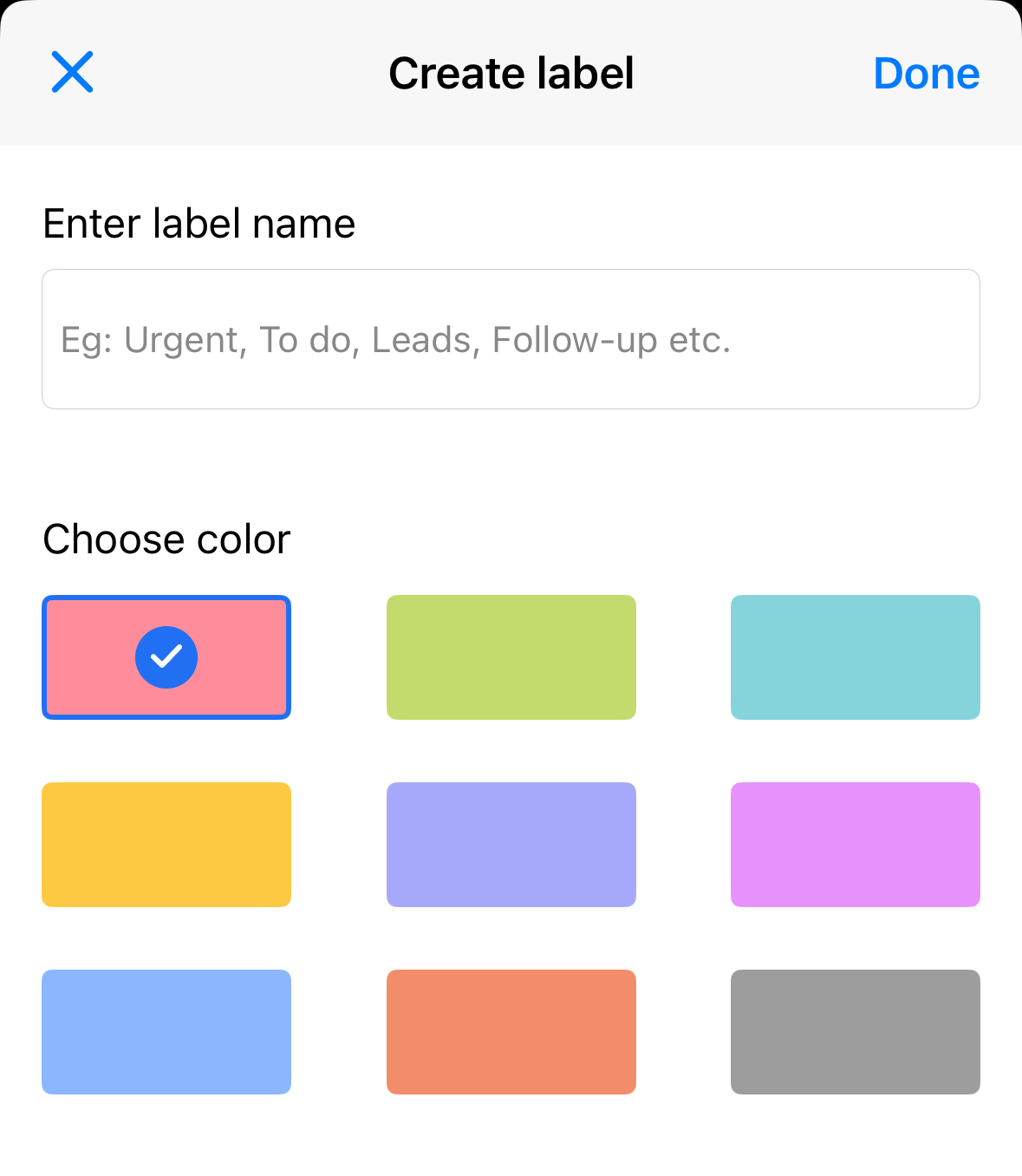 The Create label menu open on iOS.