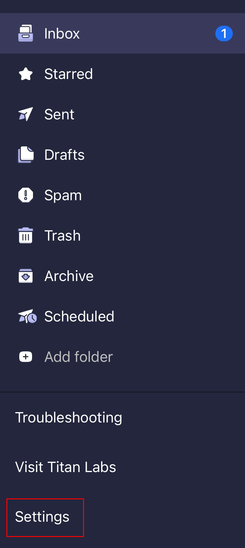 The menu open with the Settings button highlighted.