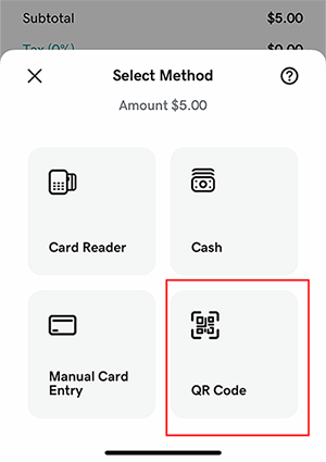 Payment method selection menu with the QR Code option highlighted