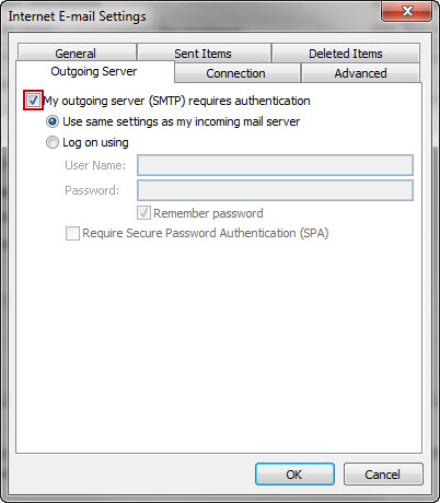 Tick the checkbox next to 'My Server Requires Authentication'