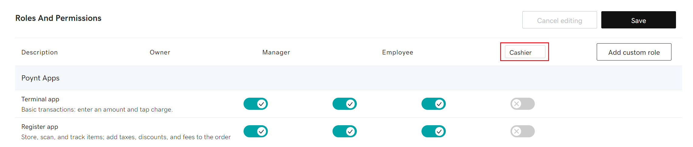 List of customized POS device roles