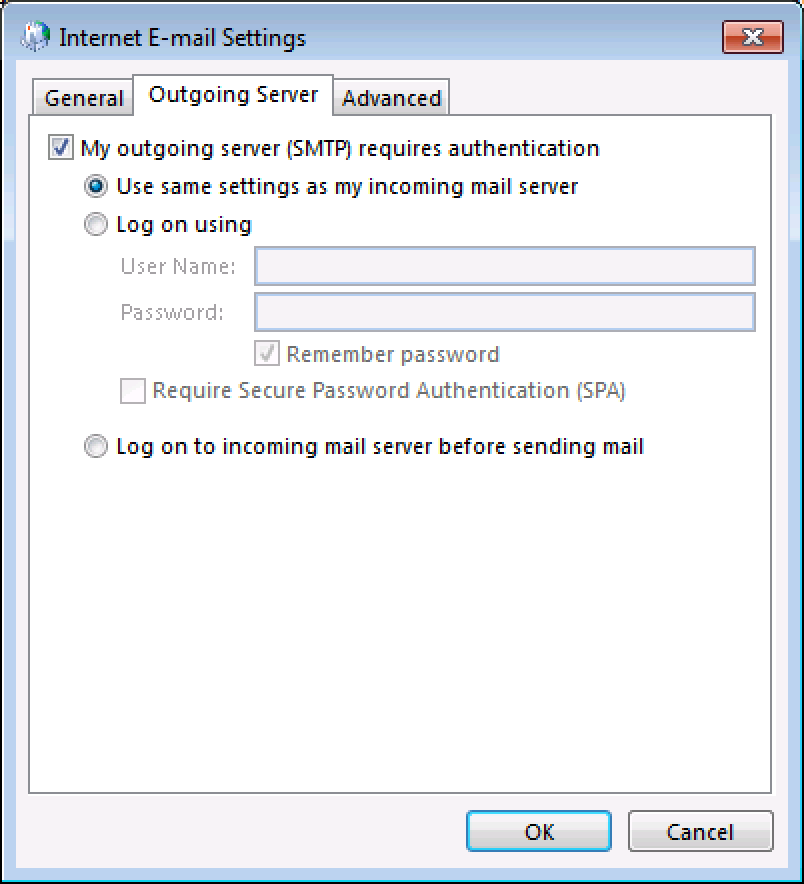 Pestaña Servidor de salida: Selecciona Mi servidor de salida requiere autenticación y Usar la misma configuración