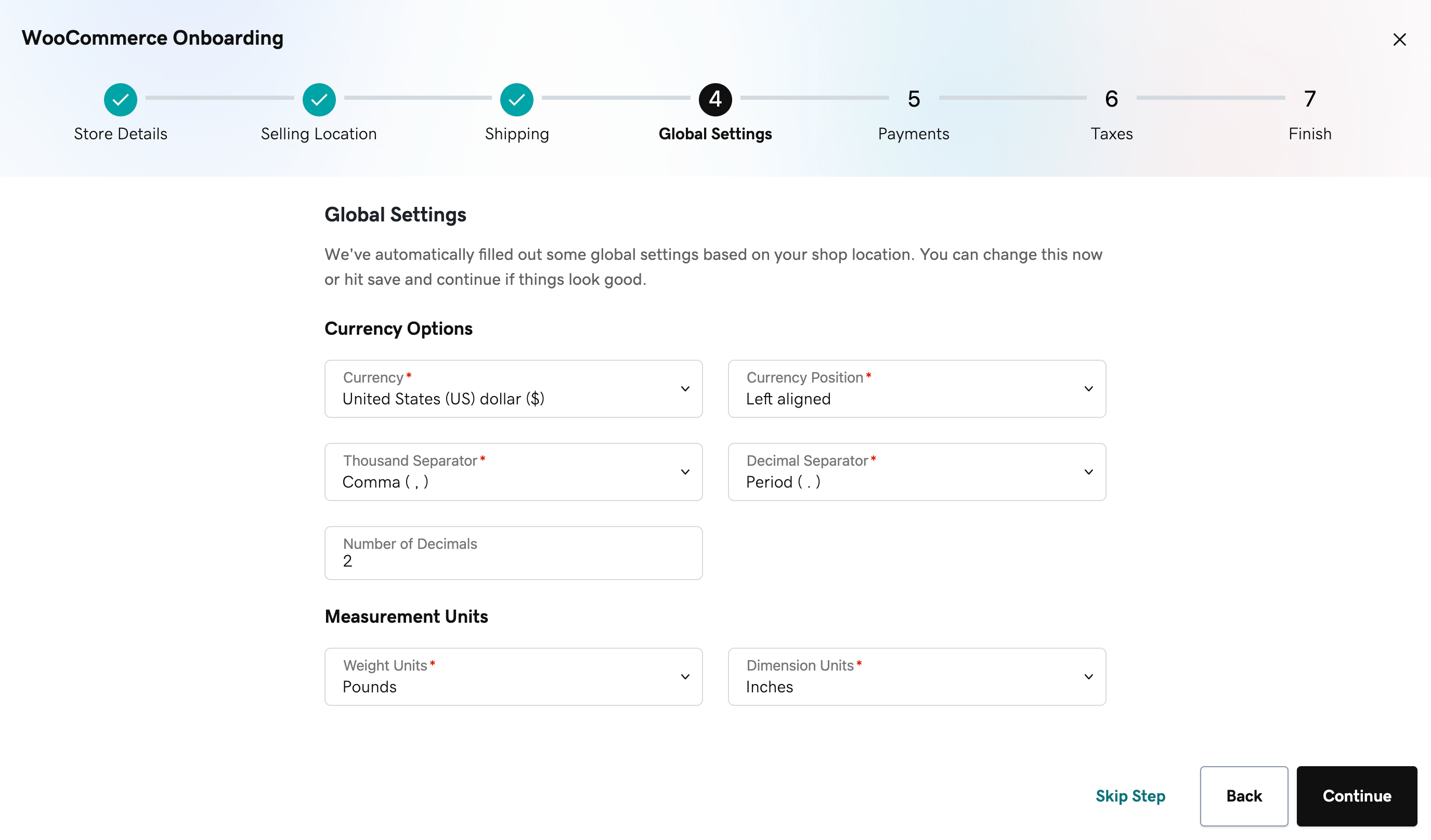 Options to configure the currency options and measurement units through the onboarding wizard