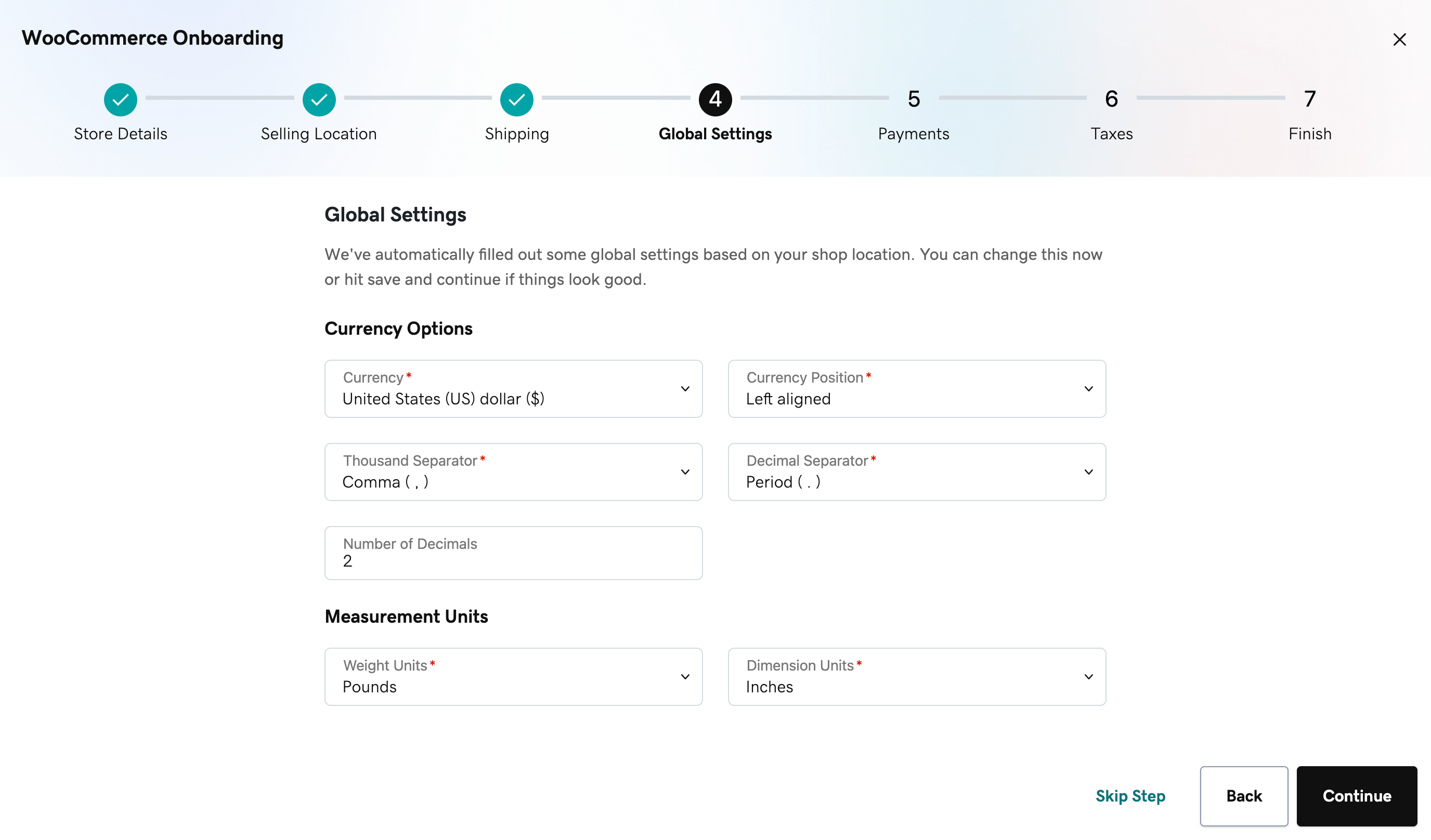 Optionen, um die Währungsoptionen und Maßeinheiten über den Onboarding-Assistenten zu konfigurieren