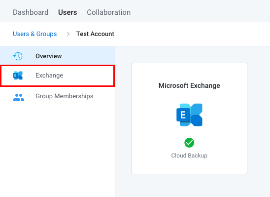 The Email Backup dashboard with Exchange button highlighted.