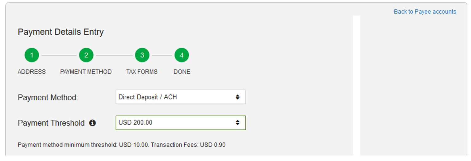 Payee account with payment method and payment threshold displayed