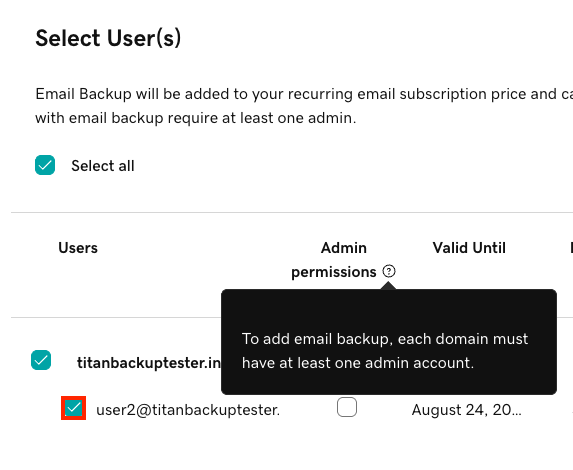 The Select User(s) page with an example of a checkbox next to a user highlighted.
