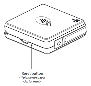 The Card Reader with the reset button highlighted. Please use paperclip for reset.