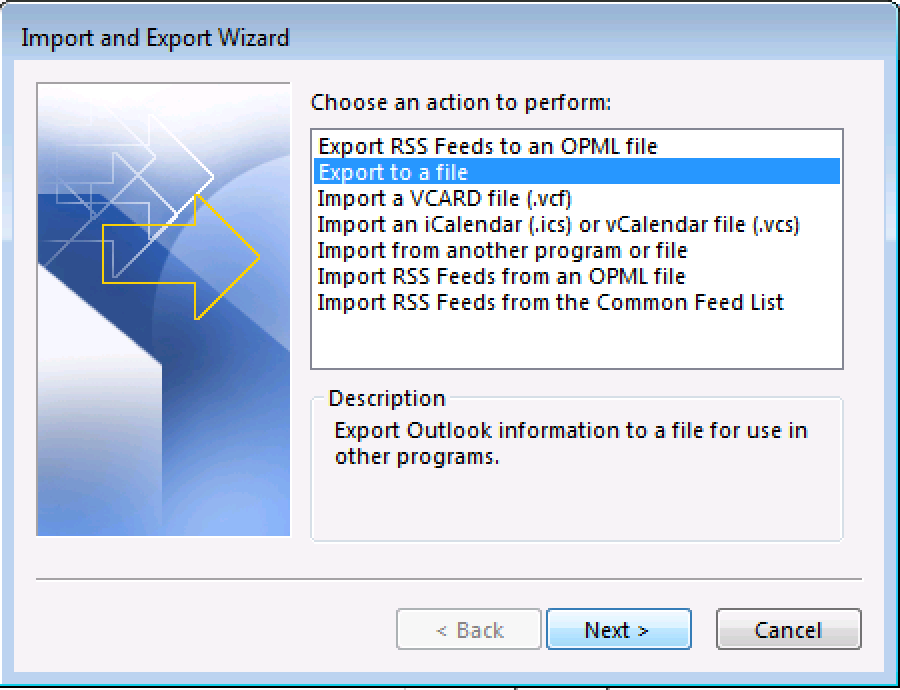 마법사 창에서 Export to a file (파일로 내보내기)을 선택합니다.