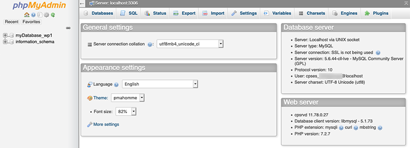 phpmyadmin startpagina