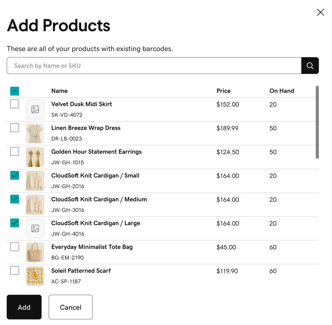 Barcode manager with products selected