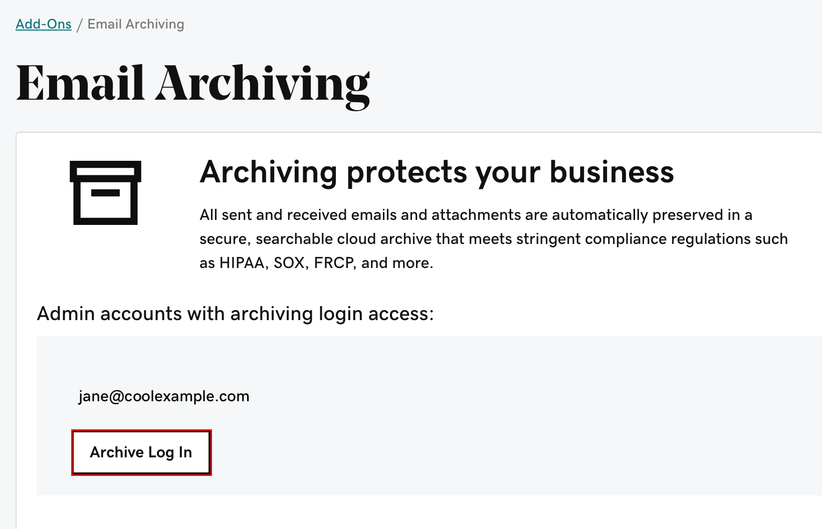 The Archive Login button highlighted in the Email & Office Dashboard.