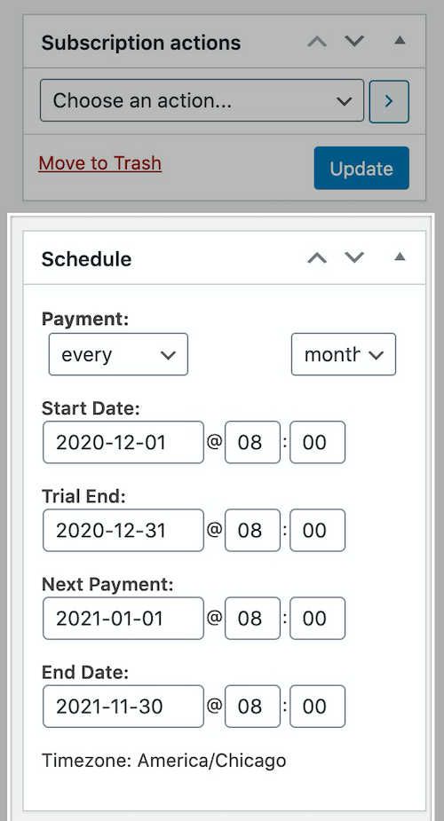 Définir un calendrier de facturation pour l’extension Subscriptions.