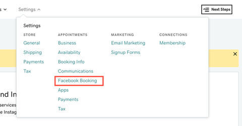 Location of Settings > Facebook booking so you can reconnect it and allow customers to book appointments on Facebook and Instagram