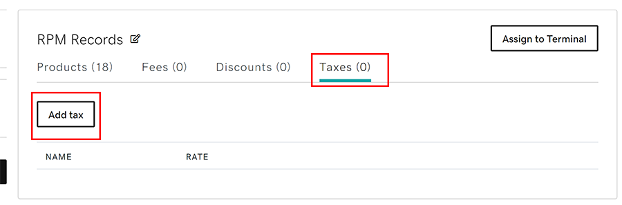 The taxes tab above the catalog is highlighted